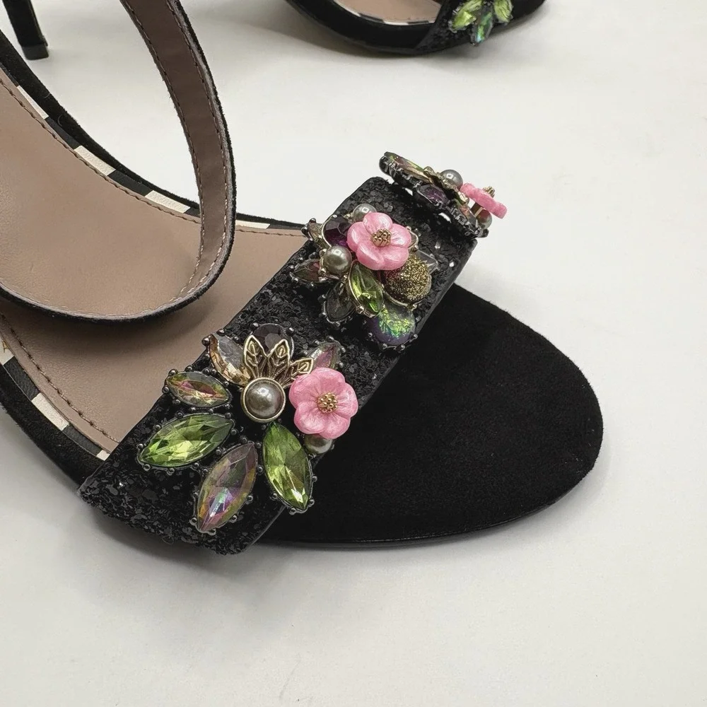 BETSY JOHNSON Alyna Heels Women's Size 6.5-7‎ Black Embellished Ankle Strap NWOB